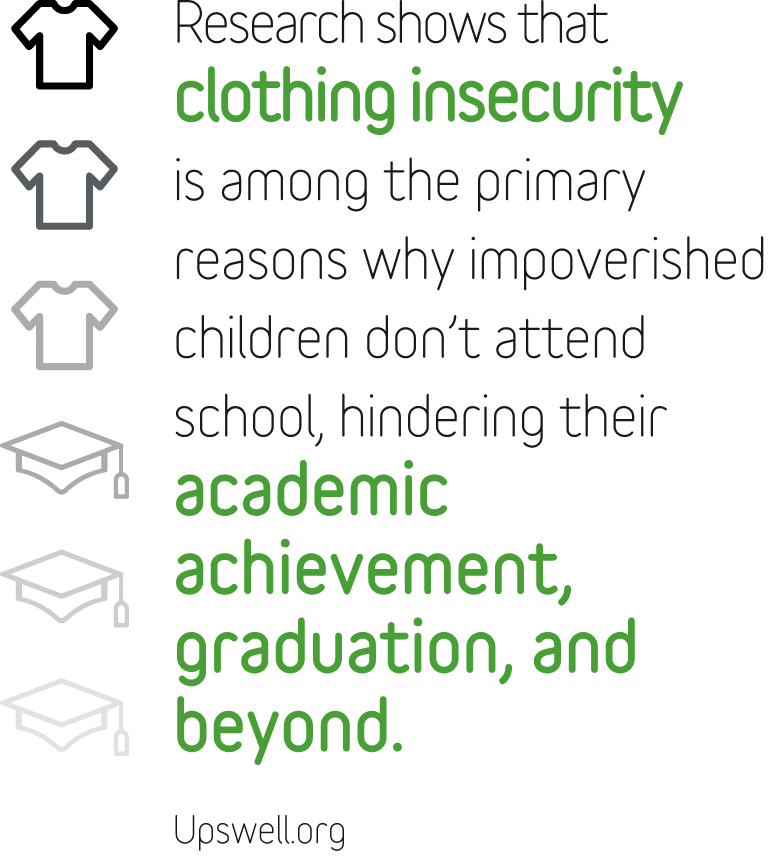 Research shows that clothing insecurity is among the primary reasons why improverished children don't attend school, hindering their academic achievement, graduation, and beyond.